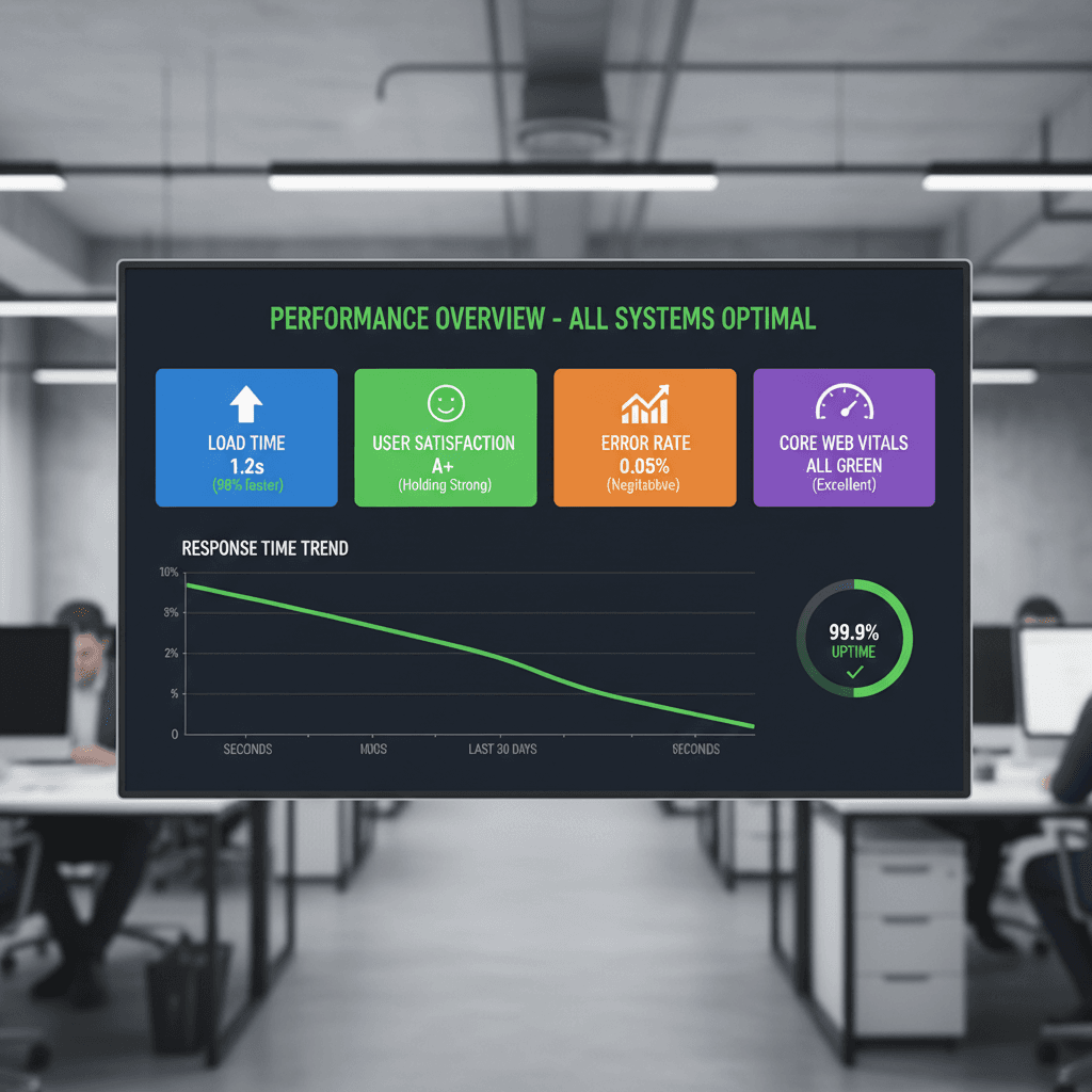 Web performance analytics dashboard on laptop in a modern office