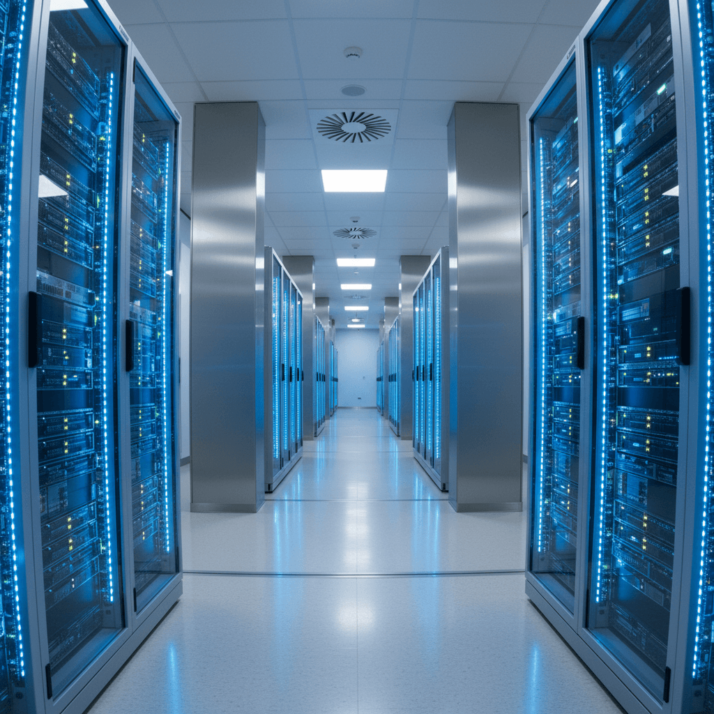 Server rack in data center with blue LED lighting and modern infrastructure
